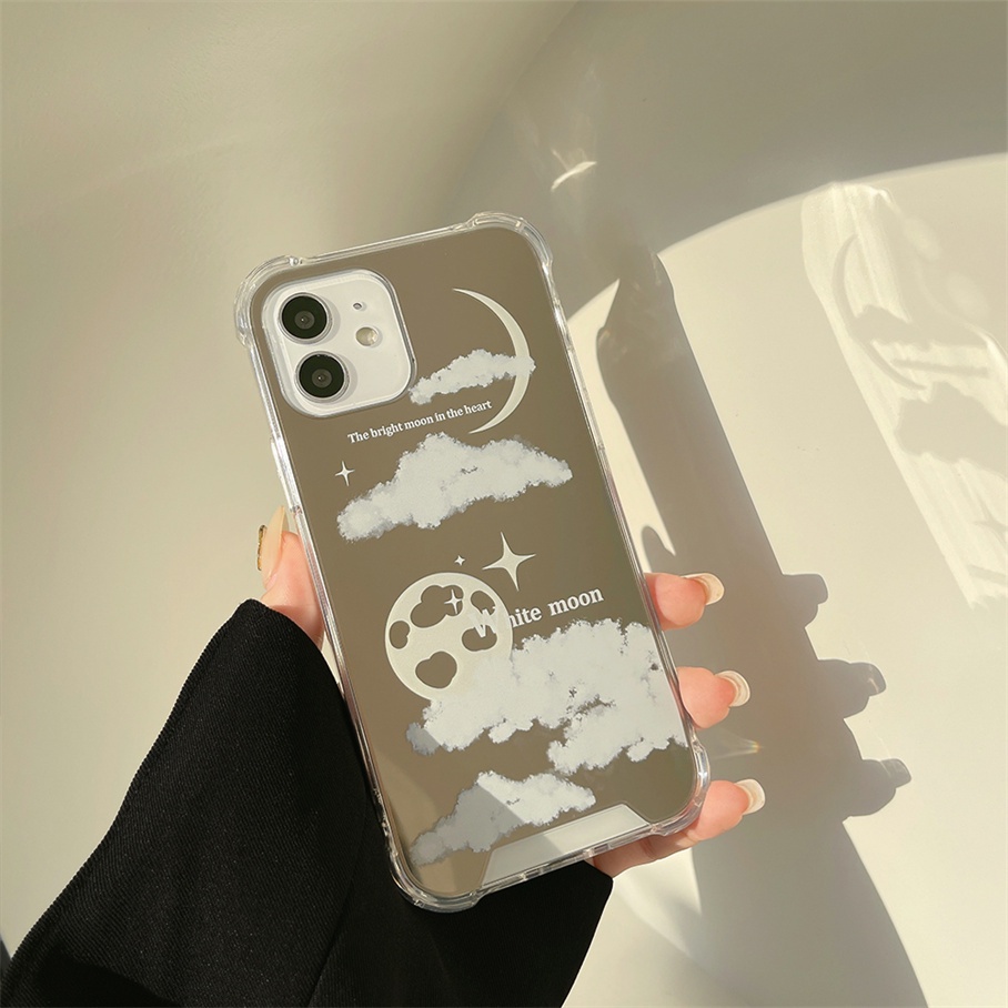 For iPhone 13 12 11 Pro Max XS Max XR X XS 8 7 Plus SE 2020 Ốp Điện Thoại Mềm Có Gương Soi Họa Tiết Đám Mây/Mặt Trăng Cho