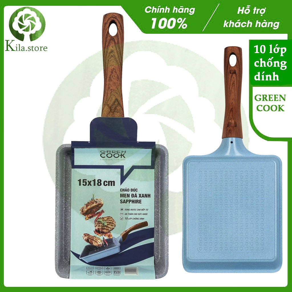 Chảo đúc đáy từ chữ nhật men đá xanh sapphire Green Cook GCP09-1518IH với 10 lớp chống dính an toàn cho sức khoẻ