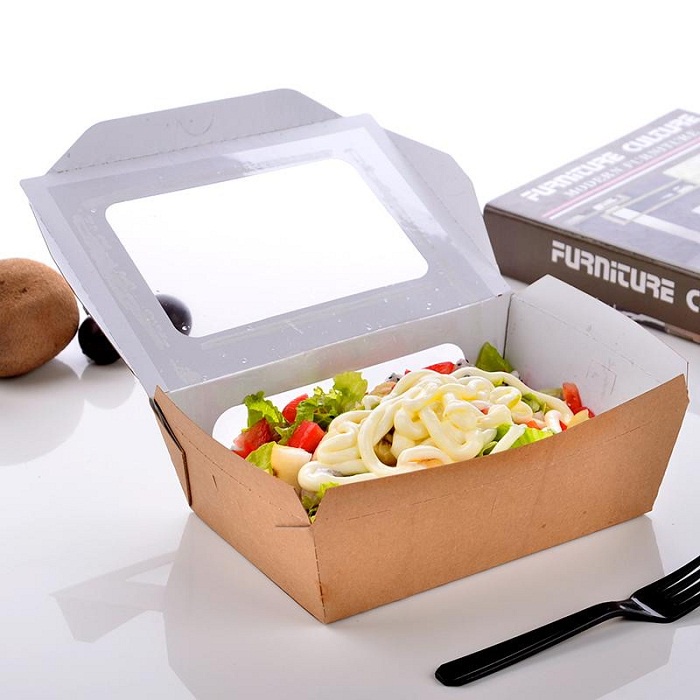 Combo 50 Hộp Giấy Chữ Nhât W Giấy Kraft nắp gập có mặt kính trong đựng salad, thức ăn các loại - T2Ecogreen