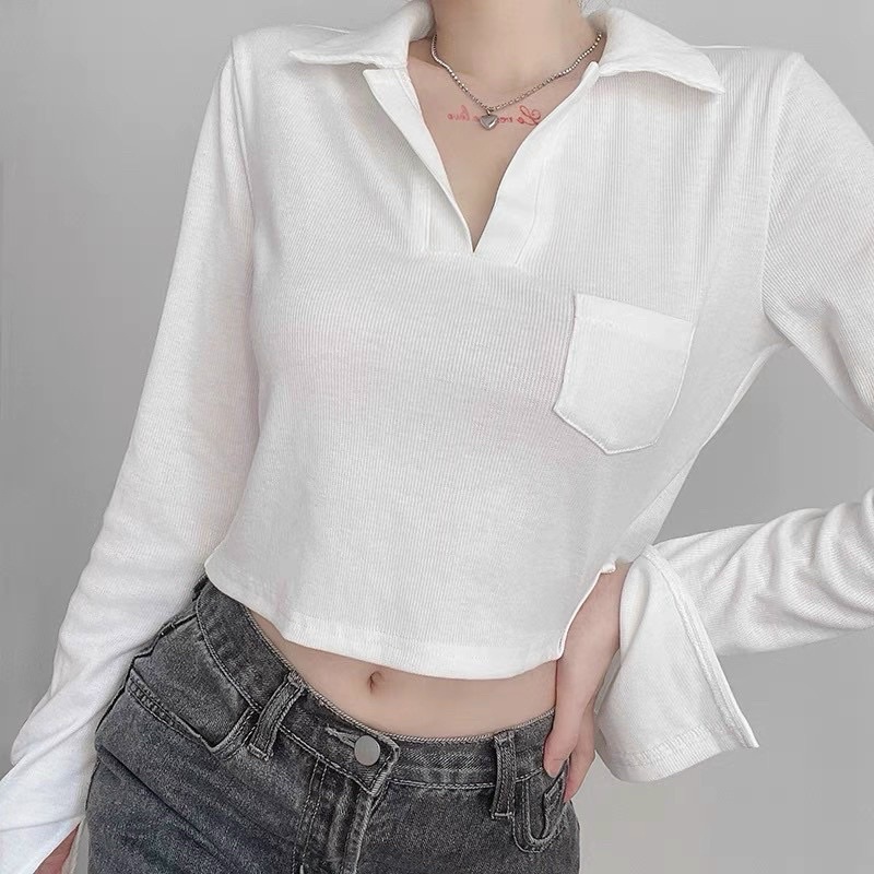 Áo ulzzang  Áo croptop polo cổ bẻ dài tay cá tính dành cho nữ có túi ngực PHULA style Hàn Quốc