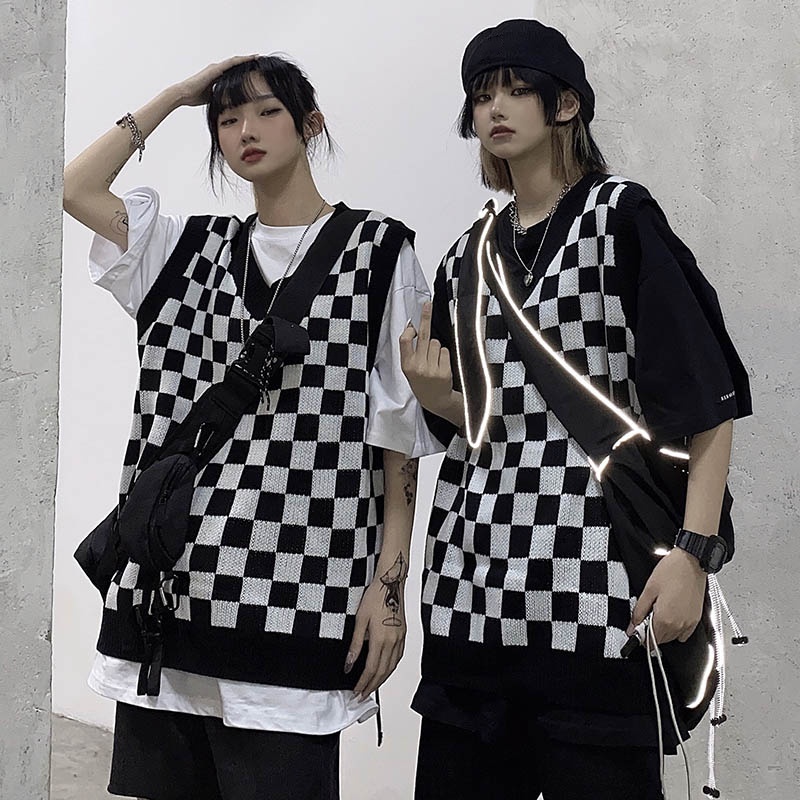 Áo len gile kẻ caro đen trắng xanh unisex nam nữ hip hop đường phố