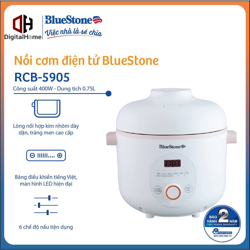 Nồi Cơm Điện Tử  BlueStone RCB 5905,Công Suất 400W,Dung tích 0,75lit,Bảo Hành Chính Hãng 2 Năm