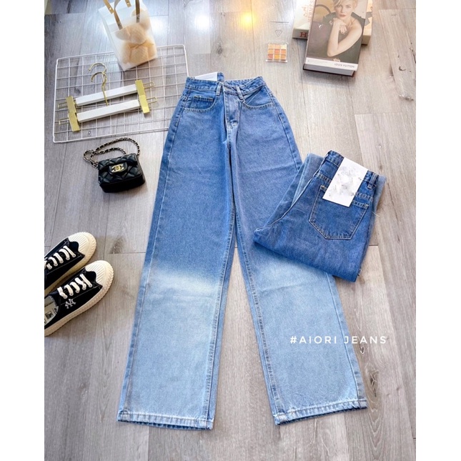 Quần Jean Nữ AIORI Ống Rộng Lưng Cao Trơn Loang Màu Ống Suông Cạp Cao Cotton Mềm Mịn,Thời Trang Hàn Quốc_S3403