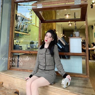 Sét Váy Nữ, Set Áo Dạ Túi Hộp Phối Cổ Đen Kết Hợp Chân Váy Chữ A ( Kèm Quần) Tiểu Thư Sang Chảnh.