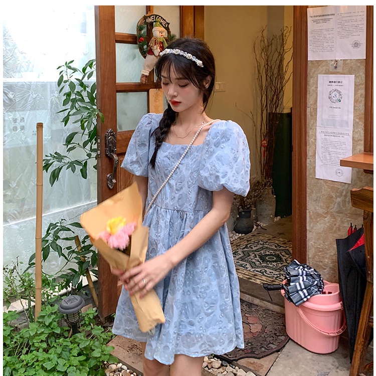 Đầm Tay Phồng Cổ Vuông Phong Cách Retro Pháp Cho Nữ
