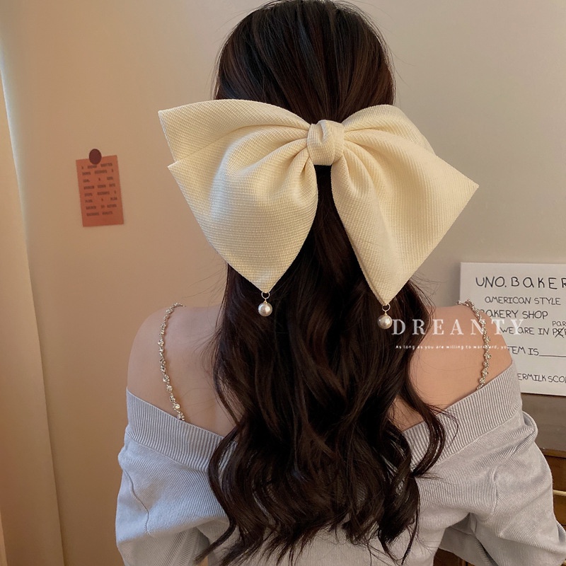 Kẹp Tóc Hình Nơ Cỡ Lớn Đính Ngọc Trai Phong Cách Cổ Điển Thời Trang Xinh Xắn