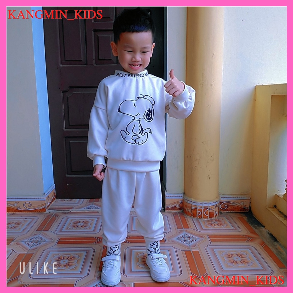 Bộ nỉ bông cho bé trai bé gái thêu hình chú chó cực xinh và cực ấm Kangmin-kids, quần áo nỉ bé trai bé gái từ 7-27kg