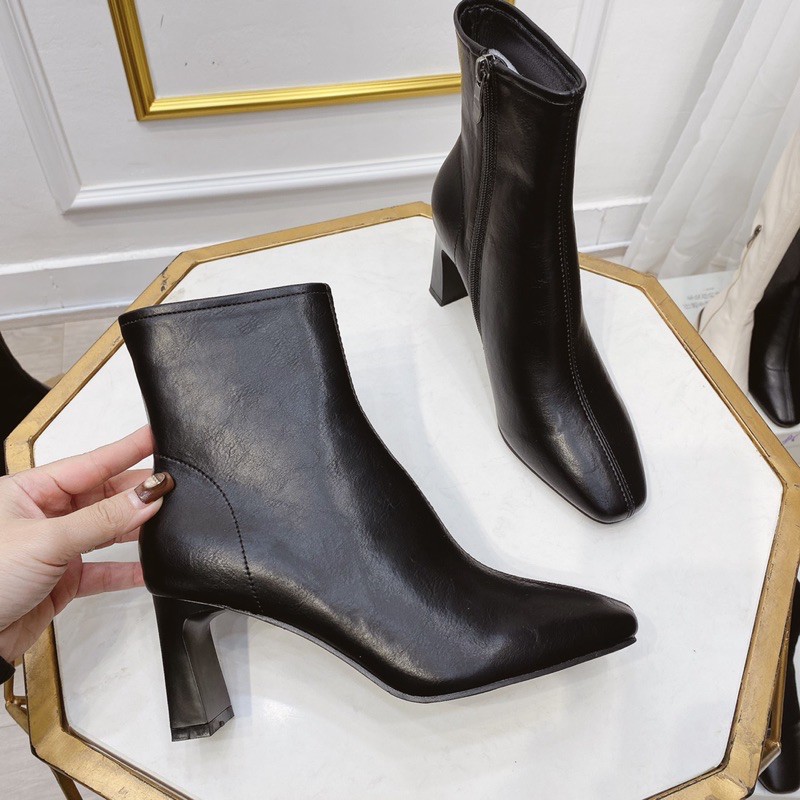 Bốt boot da lì trơn gót trụ khoá hông fullbox hàng quảng châu cao cấp