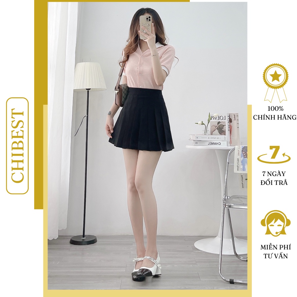 Áo Thun nữ from vừa chất liệu xốp rổ gài nút phối cổ trắng CHIBEST LAB79