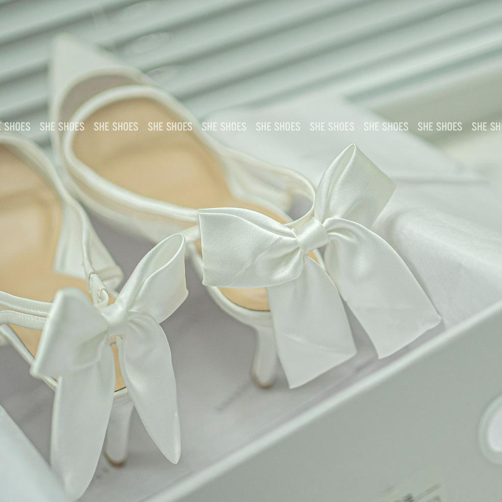 GIÀY CƯỚI Slingback satin phối lưới đính nơ gót VIE - độc quyền bởi SHE SHOES