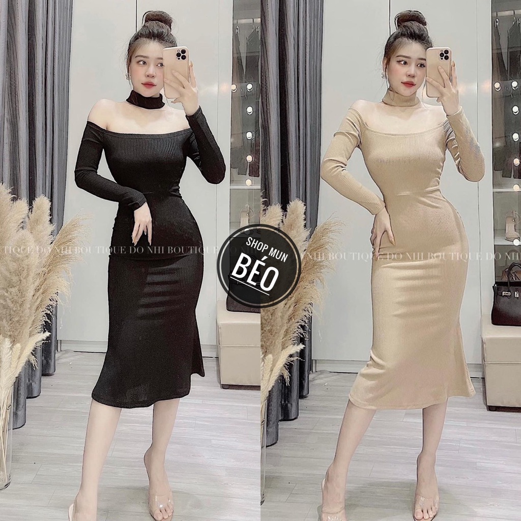 Đầm Body Cổ Lọ Trễ Vai Tay Dài Chất Thun Gân Thích Hợp Mặc Đi Tiệc Đi Làm Đi Chơi