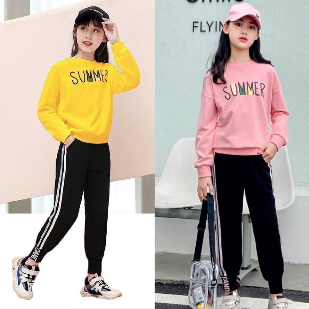 Bộ quần áo nỉ thu đông &quot;SUM.MER&quot; 13-45kg cho bé gái 4-14 tuổi. Vải da cá dày dặn, hàng may kỹ. G34