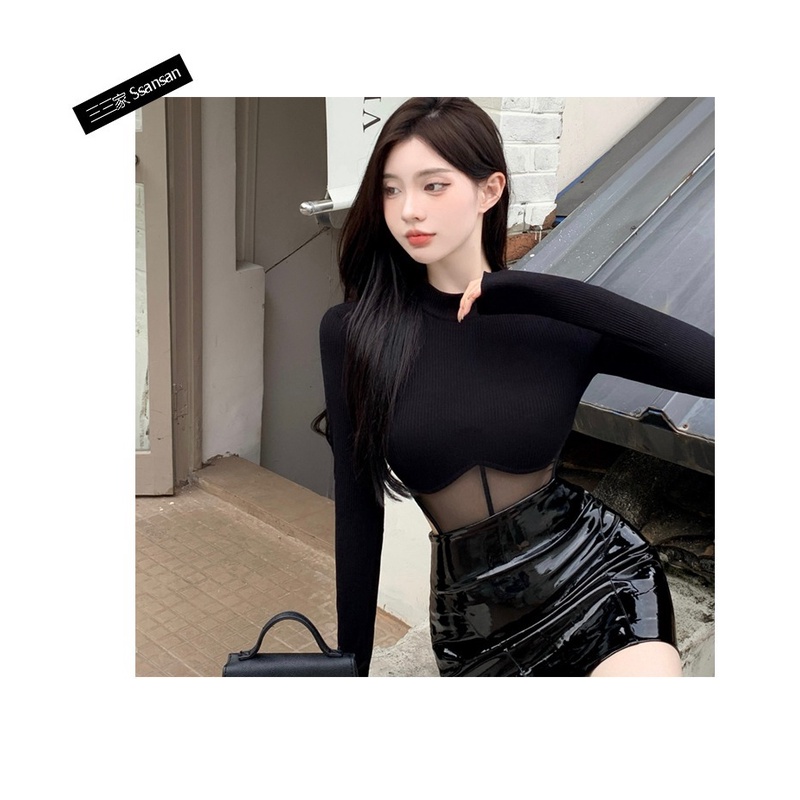 Áo thun dài tay bó sát thiết kế lưới khâu jumpsuit mùa hè