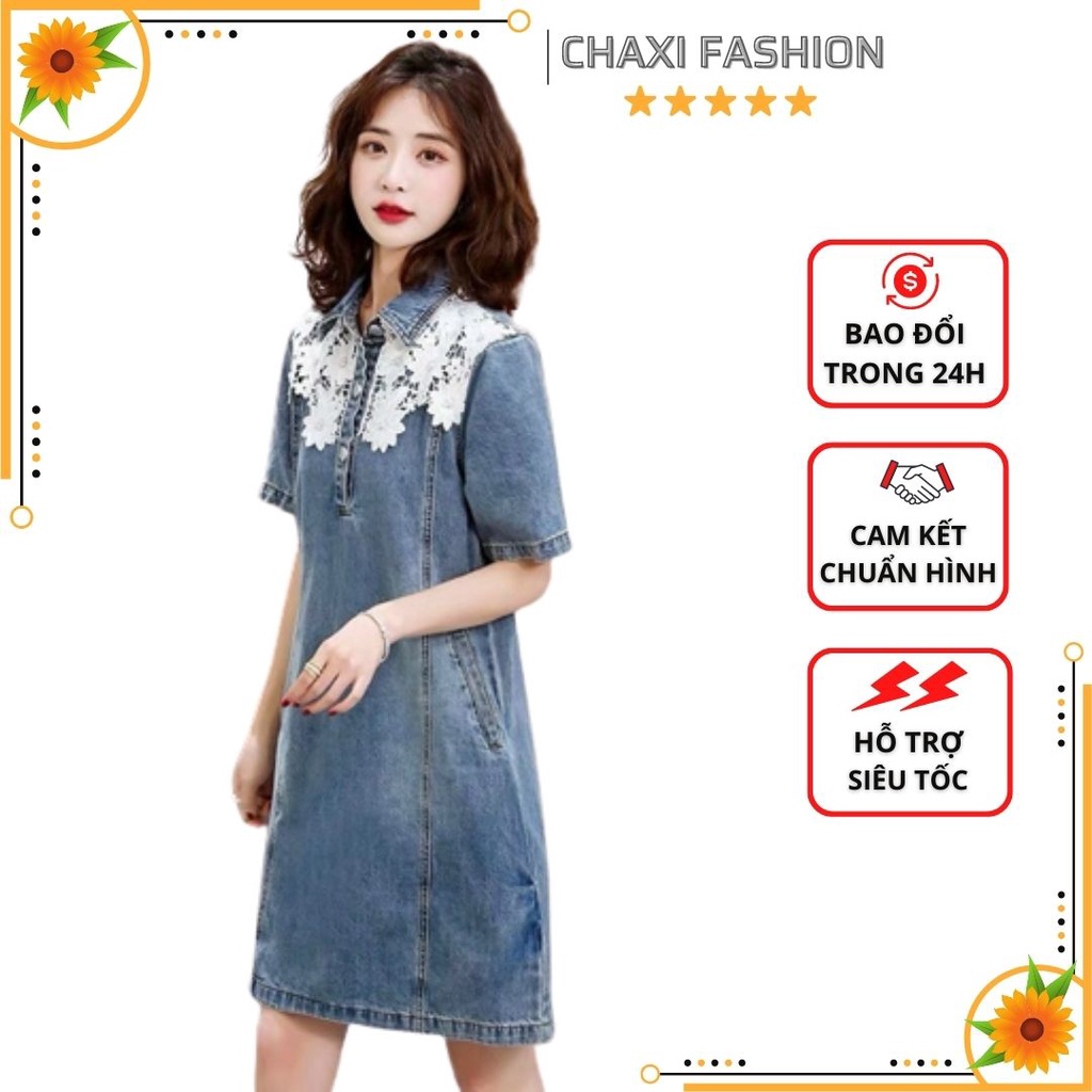 HÀNG NHẬP - ĐẦM JEAN SUÔNG CỔ PHỐI REN TRẮNG CAO CẤP - KBT321395