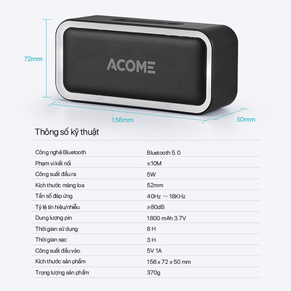 Loa Bluetooth ACOME A6 / VS6 Công Suất 5W Âm Thanh Chất Lượng Cao Hiệu Ứng LED RGD Playtime 8H Chống Nước IPX5