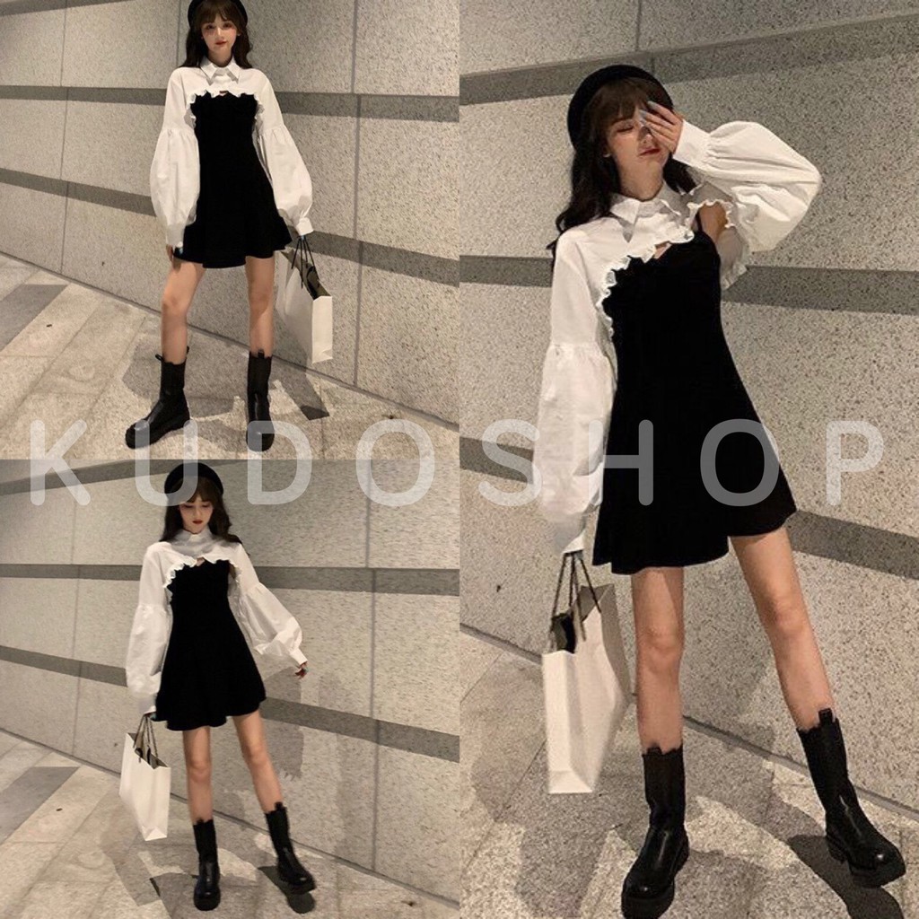 Set 2 món váy 2 dây dáng xòe kèm áo sơ mi bèo tay bồng ulzzang/ Set áo váy nữ oversize trẻ trung cá tính_kudoshop