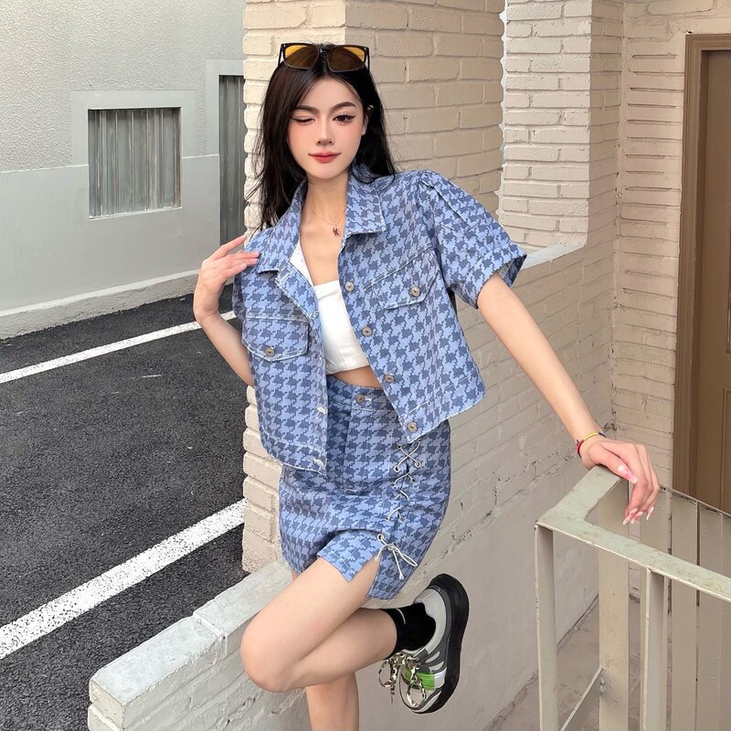 Bộ Áo Khoác Denim + Chân Váy Thời Trang Retro Thanh Lịch Cá Tính Kiểu Pháp Mùa Hè 2022
