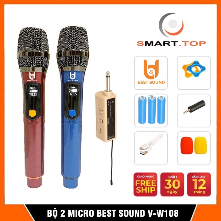 ⚡️Freeship⚡️Bộ Micro không dây BEST SOUND V-W108 Chính hãng, Bộ 2 micro hút âm tốt- Chuyên dụng loa kéo, amply