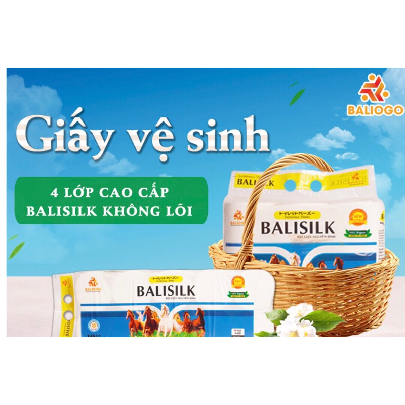GIẤY VỆ SINH CAO CẤP BALISILK 4 LỚP ( 6 CUỘN) làm từ 100% bột giấy nguyên sinh, không hoá chất, không tẩy trắng.