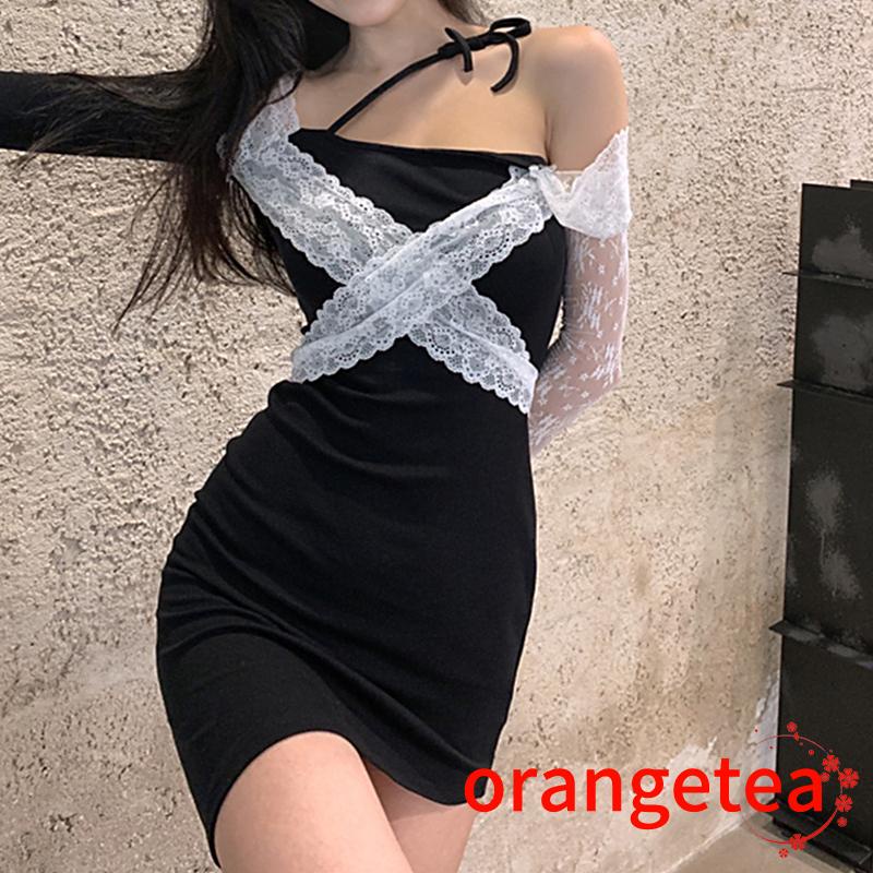 Váy body Tay Dài Phối Ren Quyến Rũ Cho Nữ