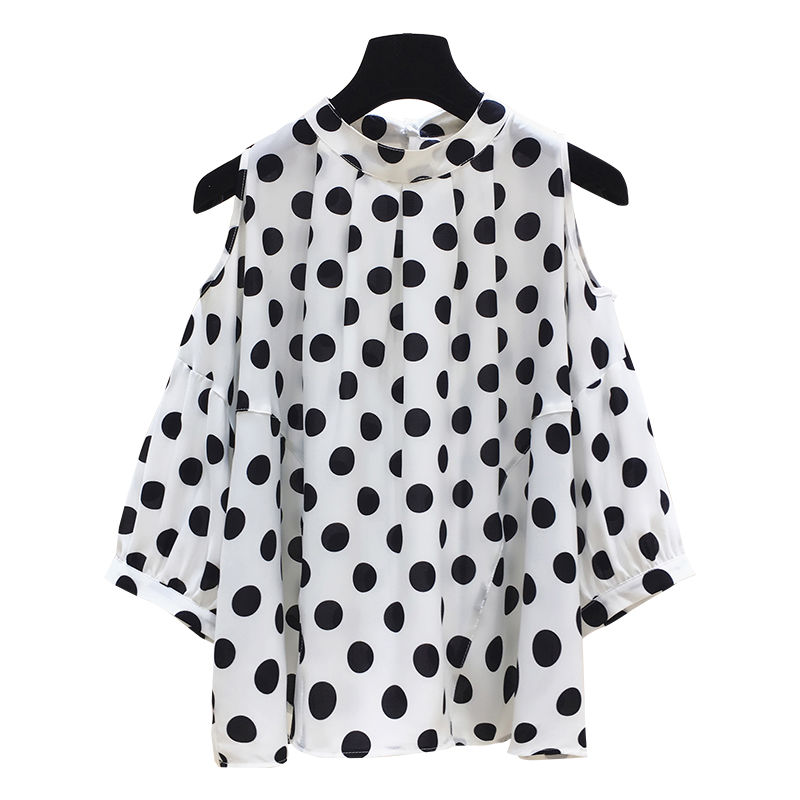 Áo Sơ Mi Chiffon Tay Lỡ Hở Vai Họa Tiết Chấm Bi Trắng/Đen Thời Trang Cho Nữ Size M-4XL