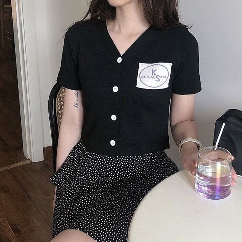 Áo Cardigan Dệt Kim Tay Ngắn Cổ Chữ V Thêu Chữ Màu Sắc Thời Trang Mùa Hè Cho Nữ