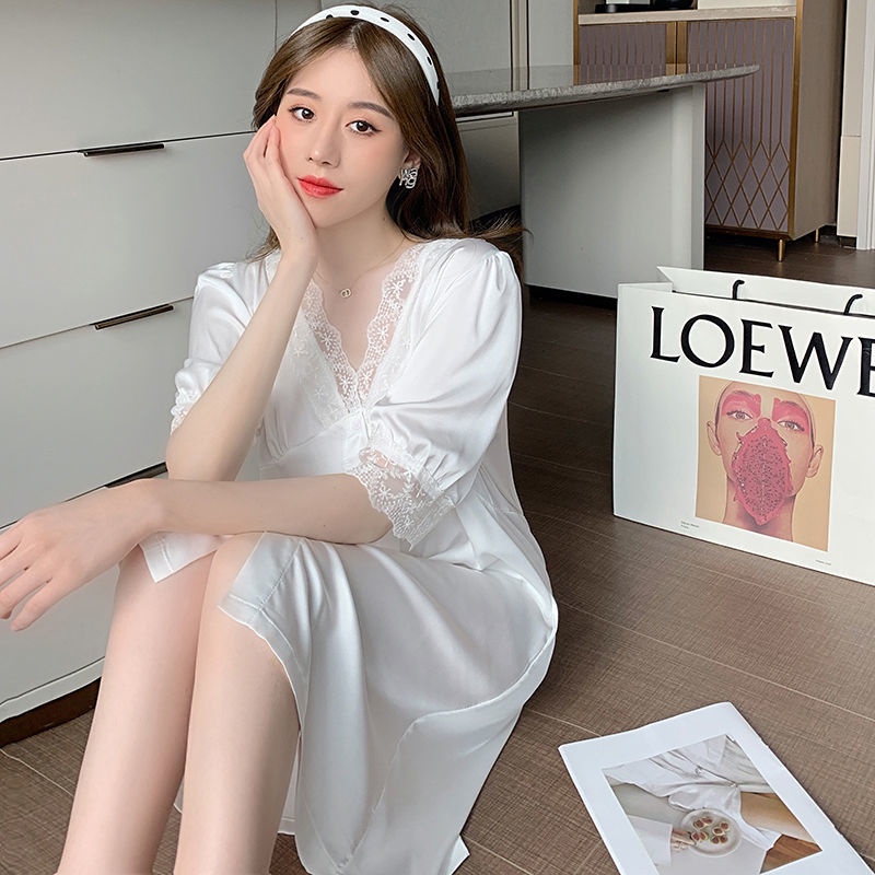 Đầm ngủ tay ngắn chất lụa màu trơn phong cách Hàn Quốc dễ thương thời trang mùa hè cho nữ