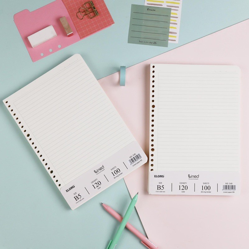 Ruột giấy refill 26 lỗ sổ còng B5 KLONG Caro/Dot/Kẻ Ngang, giấy 120gsm Bullet Journal - 100 tờ.