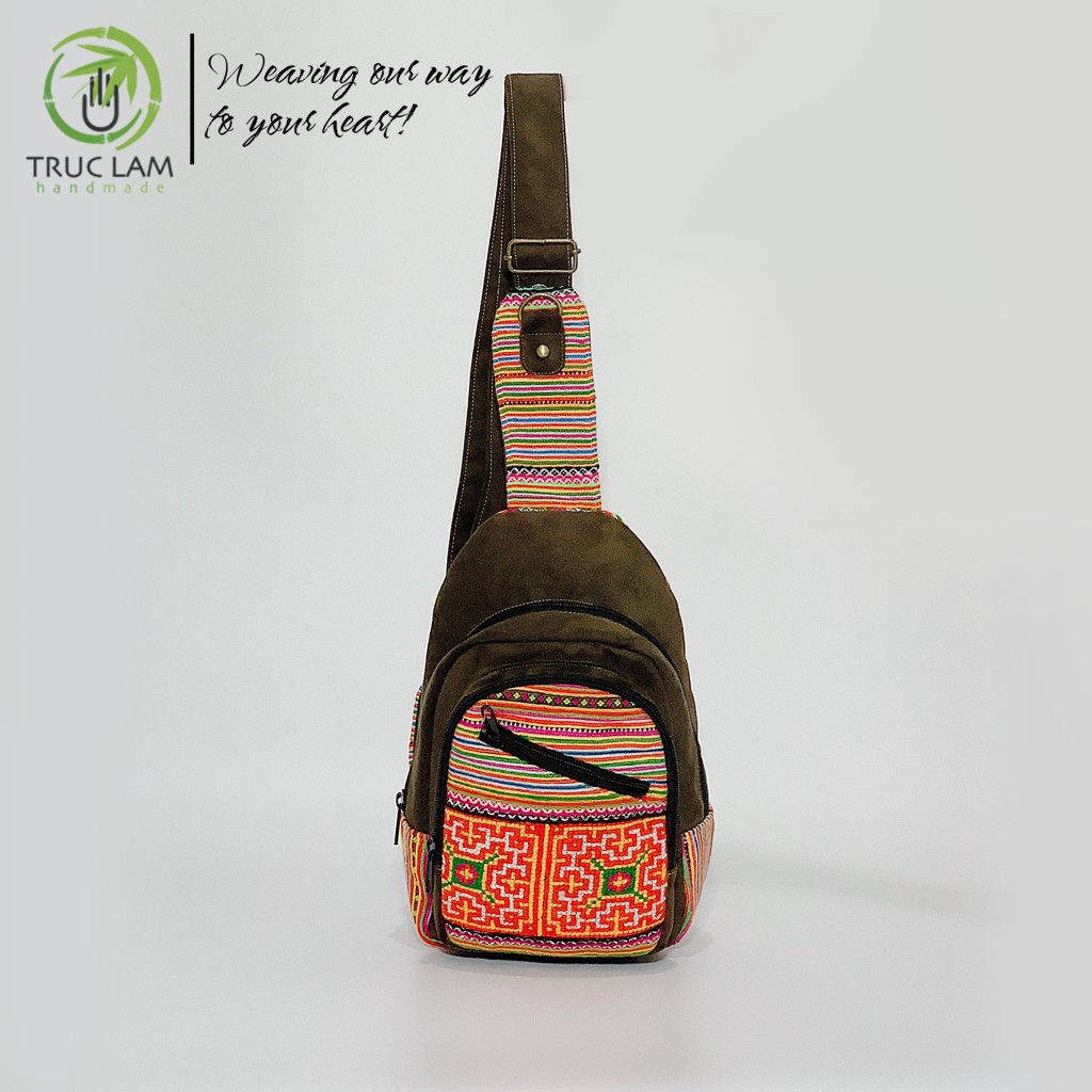 Túi Đeo Chéo Ngực Thời Trang Vải Thổ Cẩm Phối Da Lộn - Trúc Lâm Handmade