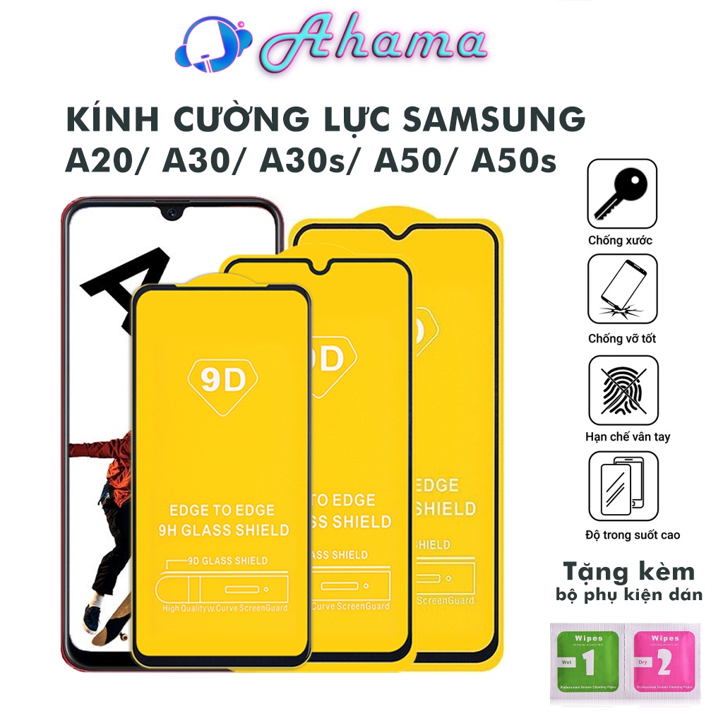 Kính Cường Lực SamSung A20 A30 A30S A50 A50S full màn chống rơi vỡ trầy xước tặng kèm khăn lau màn hình