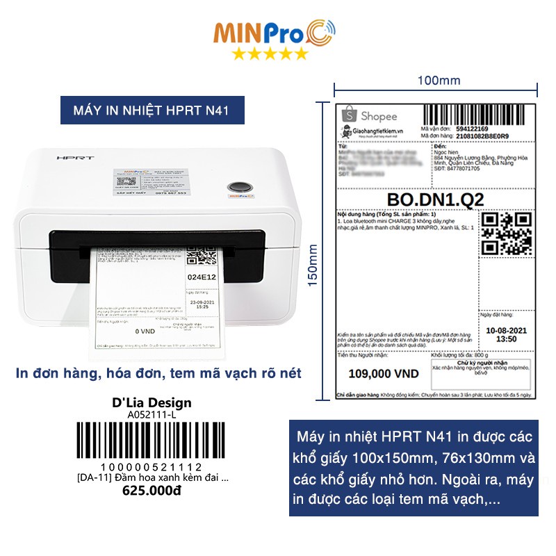 Máy in nhiệt MINPRO HPRT N41 in đơn hàng, mã vận đơn, hóa đơn, tem mã vạch hàng chính hãng bảo hành 12 tháng