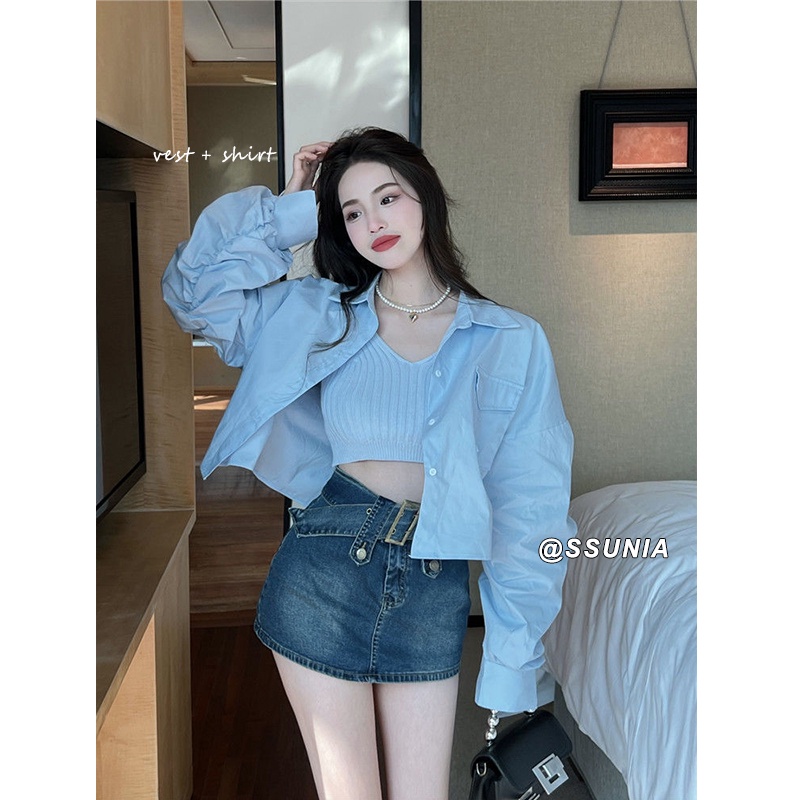 「SSUNIA」Set Áo Sơ Mi Tay Dài / Áo Khoác Ghi Lê Phong Cách Hàn Quốc Dành Cho Nữ