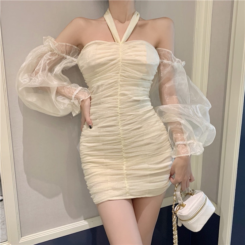 Đầm Trễ Vai Tay Dài Phối Nơ Nữ Tính