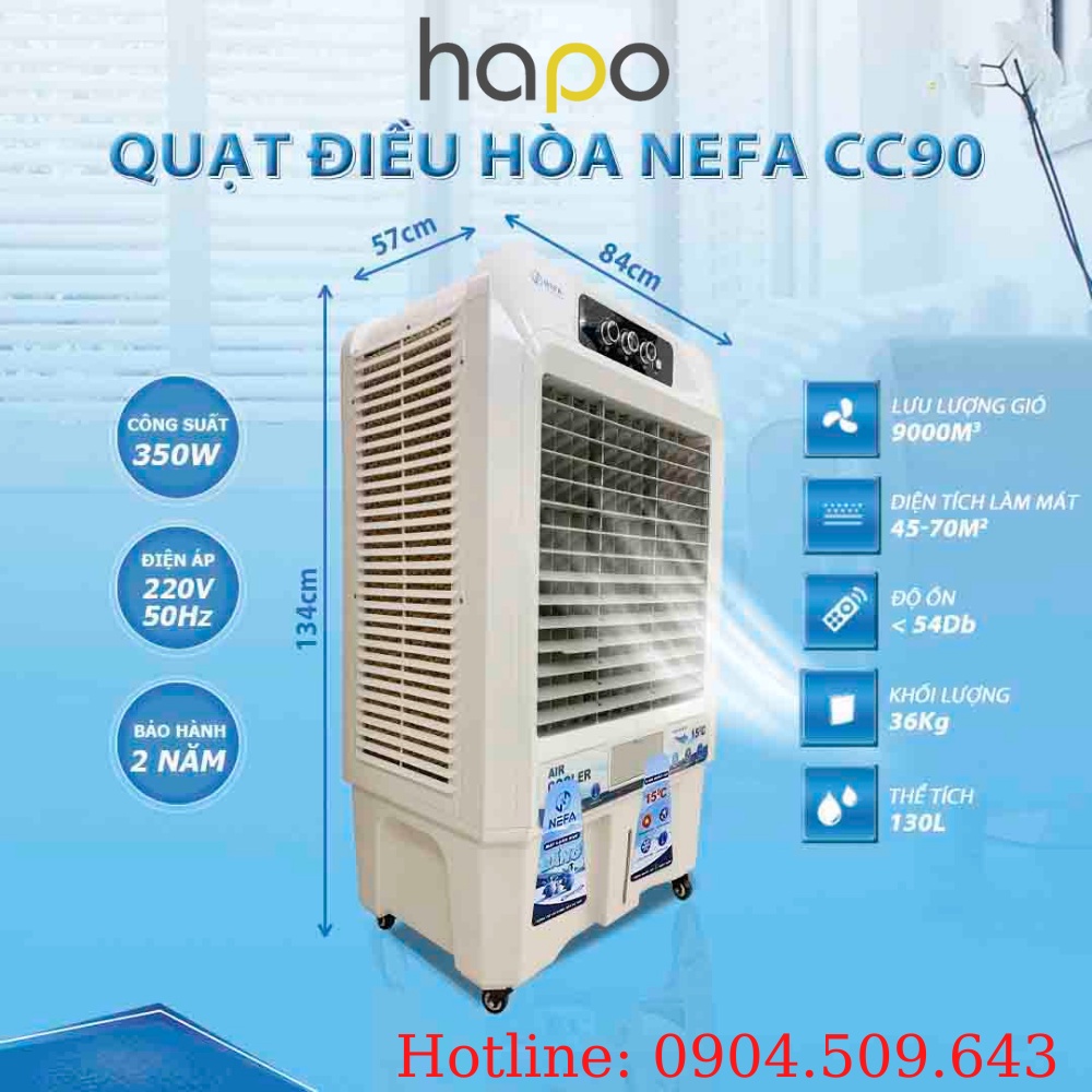 Quạt Điều Hòa Hơi Nước NEFA CC90, Điều Hòa Cây Dung Tích 130L, Quạt Hơi Nước Làm Mát Không Khí Làm Sạch Giữ Độ Ẩm