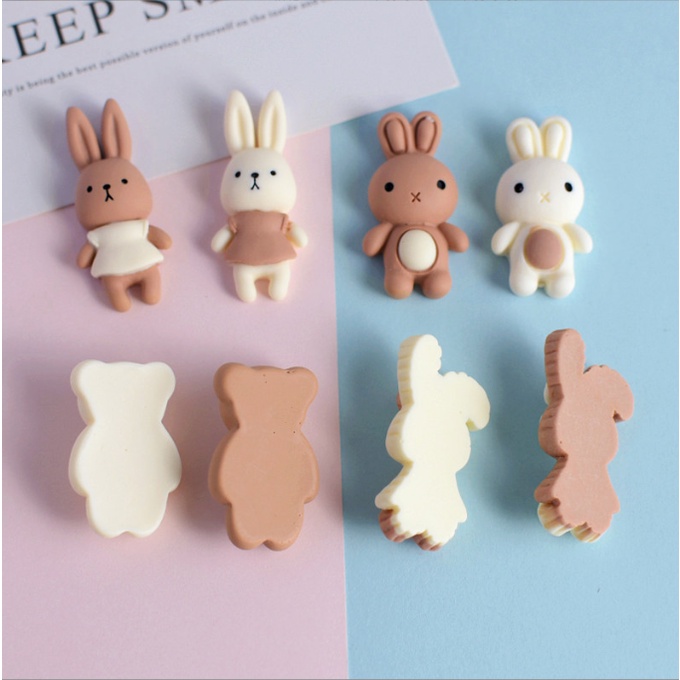 Charm gấu nâu và thỏ màu sô cô la trắng cho các bạn trang trí kẹp tóc, dán Jibbitz, vỏ ốp điện thoại, DIY
