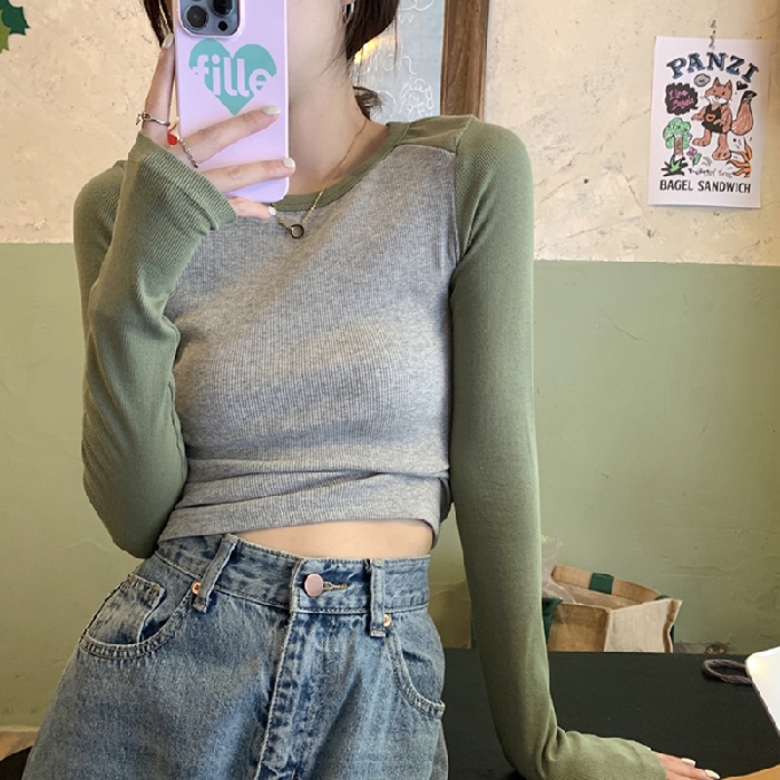 Áo Thun Croptop Tay Dài Màu Sắc Tương Phản Thời Trang Mùa Thu