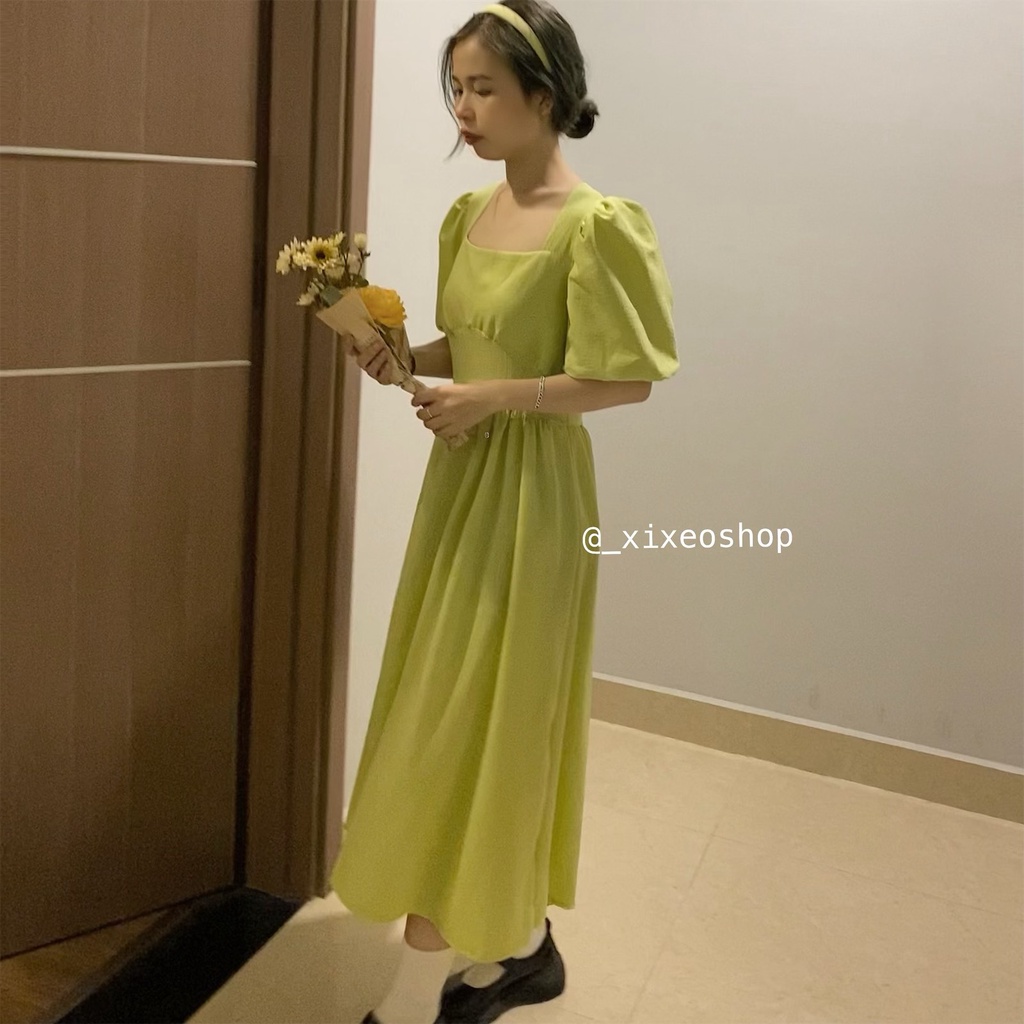 Váy xanh cốm xốp bồng bềnh, nơ lưng tiểu thư phong cách Hàn Quốc xixeoshop - v146