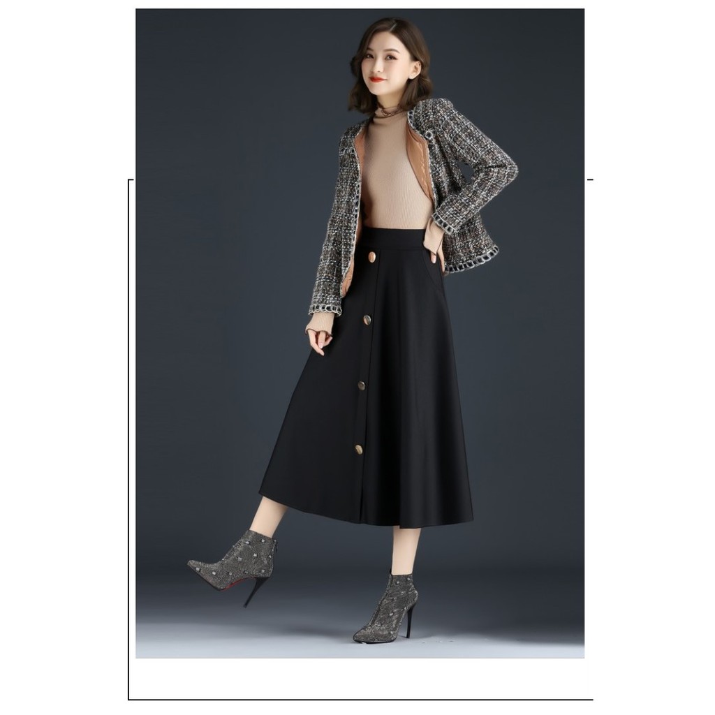 Chân váy dài cạp cao qua gối midi ullzang dáng xòe màu đen trơn đính khuy chất liệu tuyết mưa cực đẹp Siêu sang chảnh