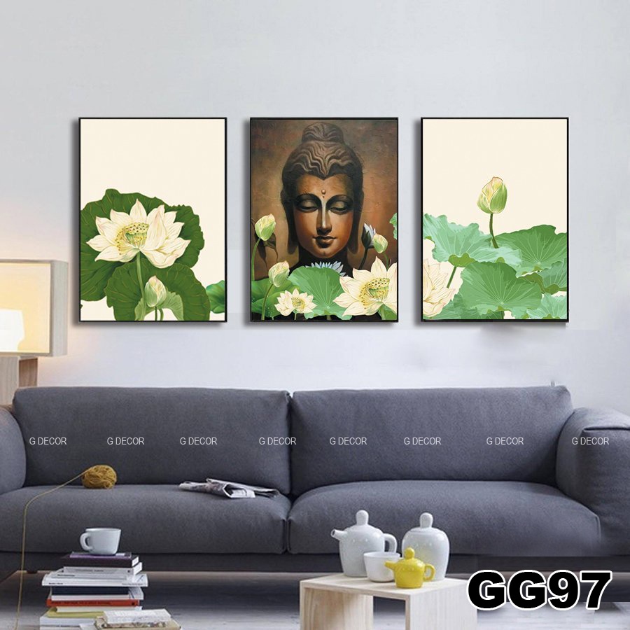 Tranh treo tường canvas 3 bức phong cách hiện đại Bắc Âu 205, tranh hoa sen trang trí phòng khách, phòng ngủ, phòng ăn