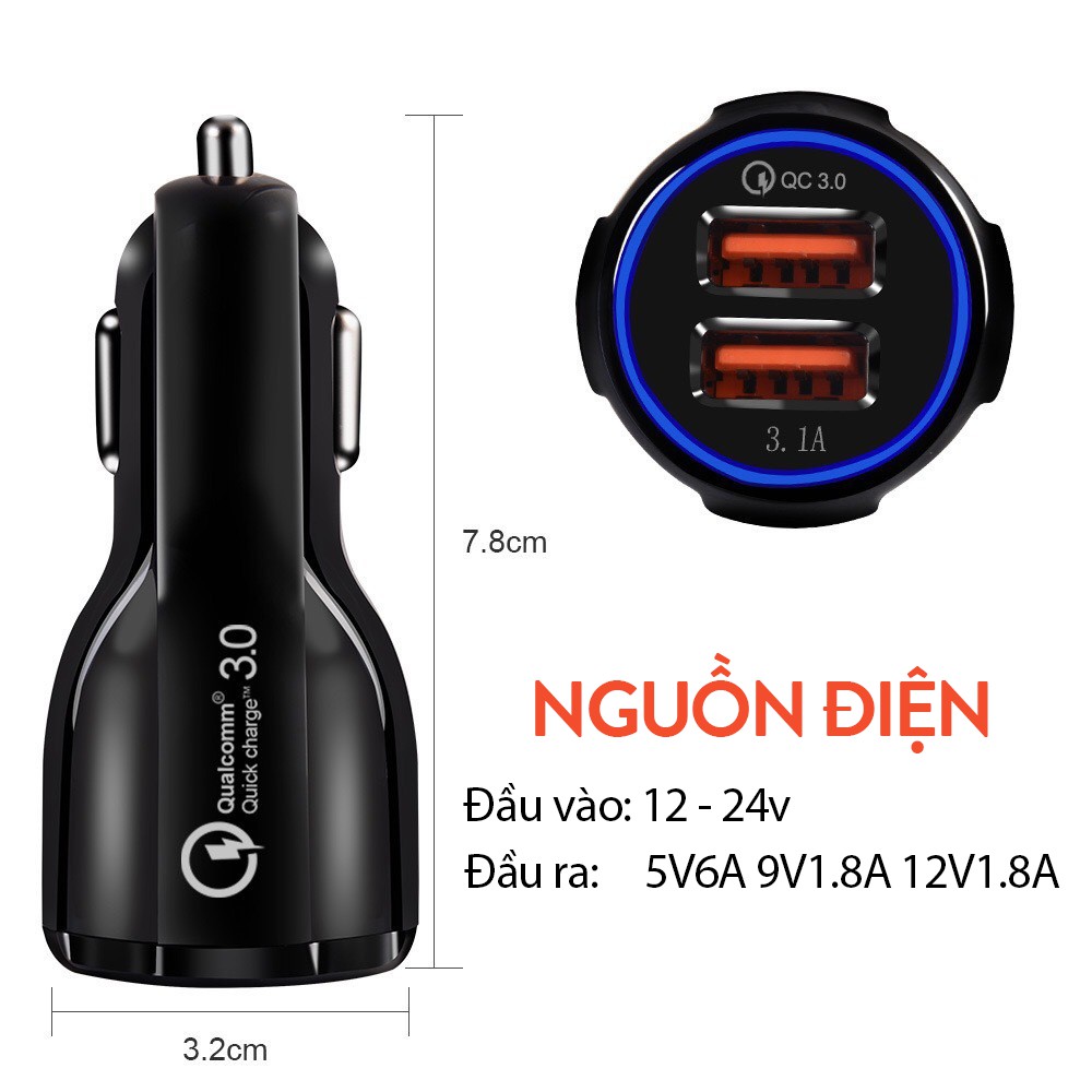 Tẩu Sạc Nhanh Ô Tô, Cốc Sạc Xe Hơi Qualcom 12V, Sạc Xe Ô Tô Siêu Nhanh An Toàn 2 Cổng USB 3.0 Đèn Led Cắm Tẩu
