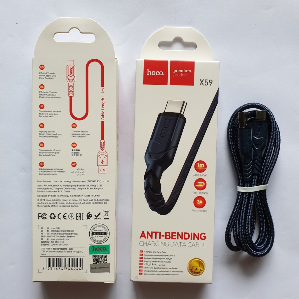 Dây sạc 3A Hoco X59 chân Type - C, cáp sạch nhanh Hoco X59 Type C – 1m dù siêu bền cho Android 3 màu