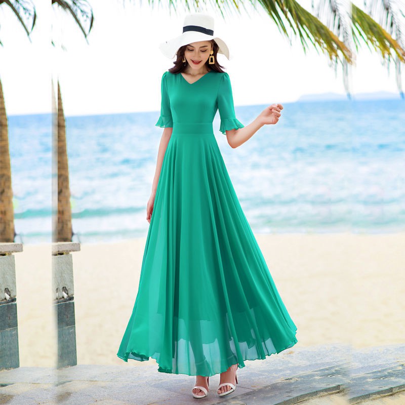 Mới Đầm Maxi Chữ A Tay Ngắn Eo Cao Dáng Dài Vải Voan Phong Cách Bohemian Thời Trang Cho Nữ