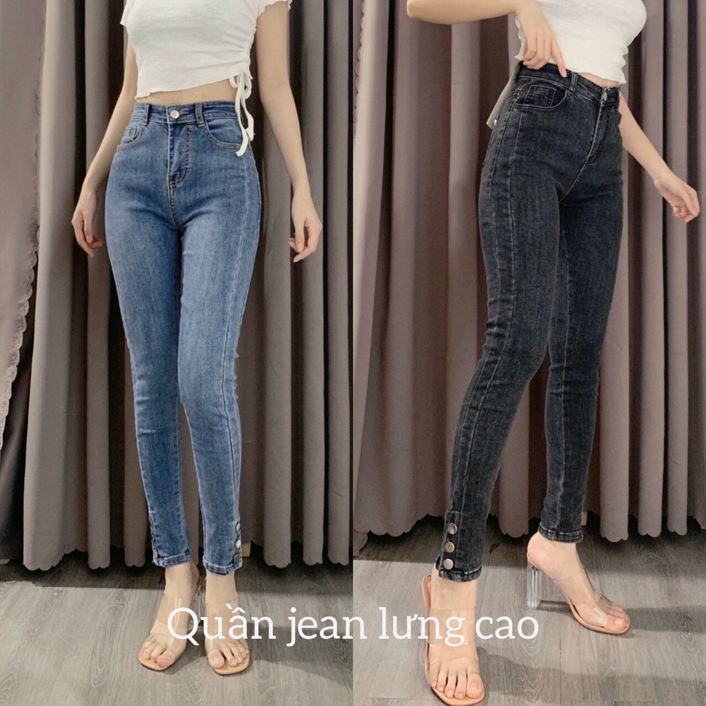 Quần jean nữ nút kiểu 2 màu lưng cao co giãn kèm hình thật