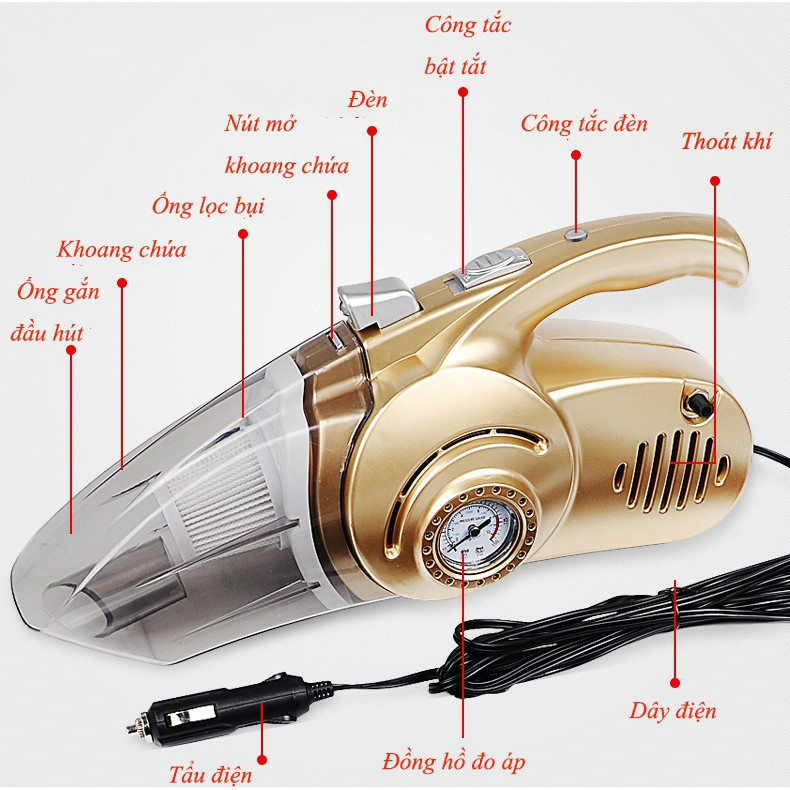Máy Hút Bụi Xe Hơi ô tô Cầm Tay 4 trong 1 - Máy hút bụi cầm tay ,bơm lốp ,đèn pin và áp suất(TẶNG KÈM BỘ VÁ LỐP).