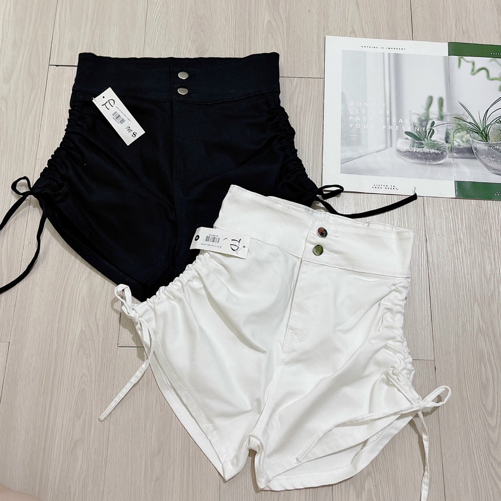 Quần short jean nữ chất denim lưng cao dây rút bên hông co giãn thời trang hè