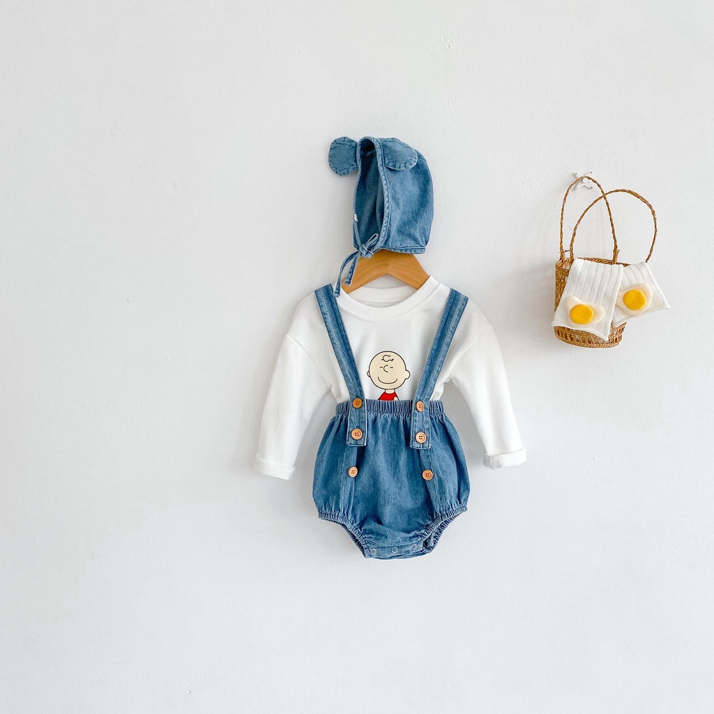 Bộ 3 Món Áo Liền Quần Denim Tay Dài In Họa Tiết Hoạt Hình + Mũ Tai Thỏ Dễ Thương Cho Bé Sơ Sinh