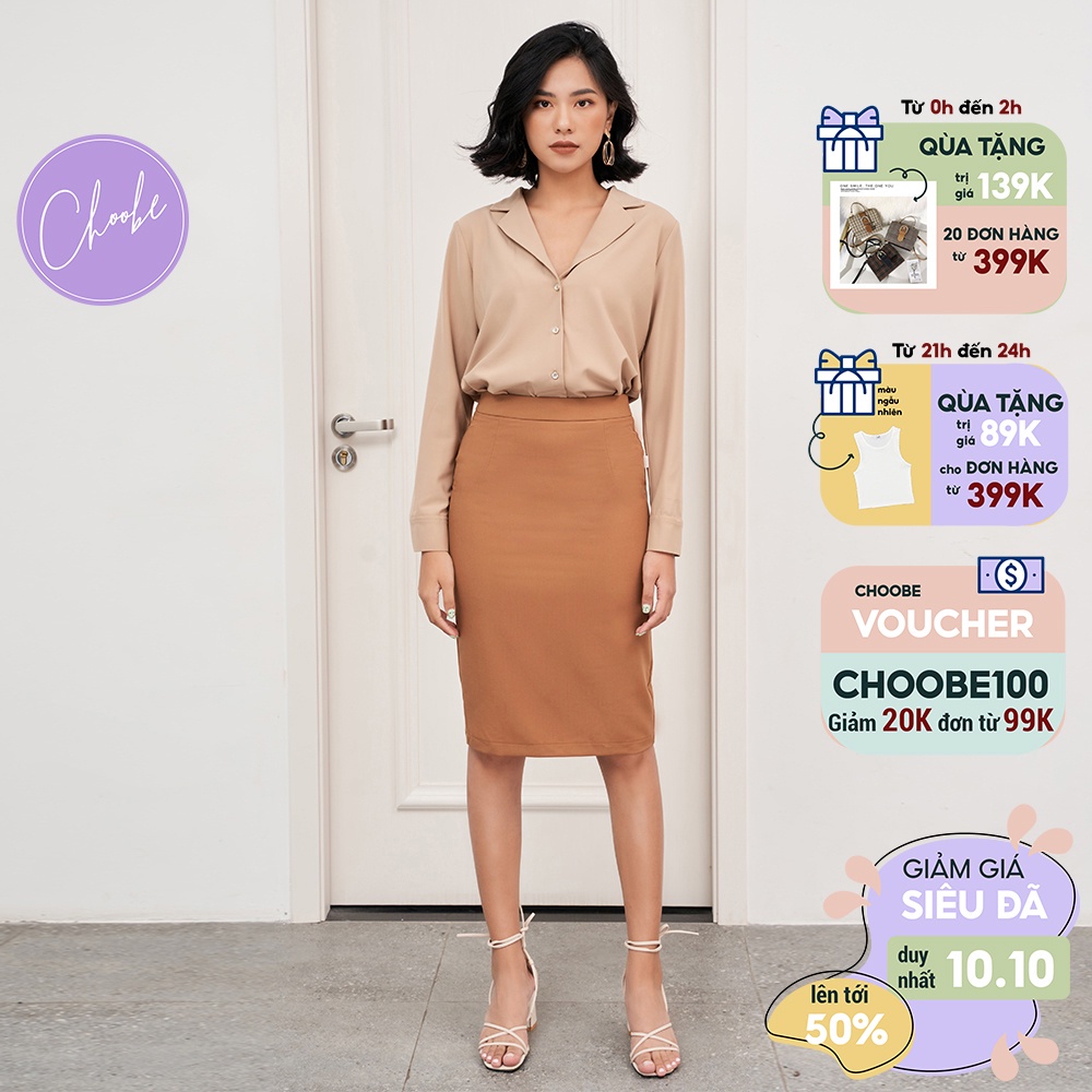 Chân váy Choobe bút chì lưng cạp cao có lớp lót đồ công sở ôm body xẻ sau dáng dài màu Nâu vàng V05N - Hàng mới về