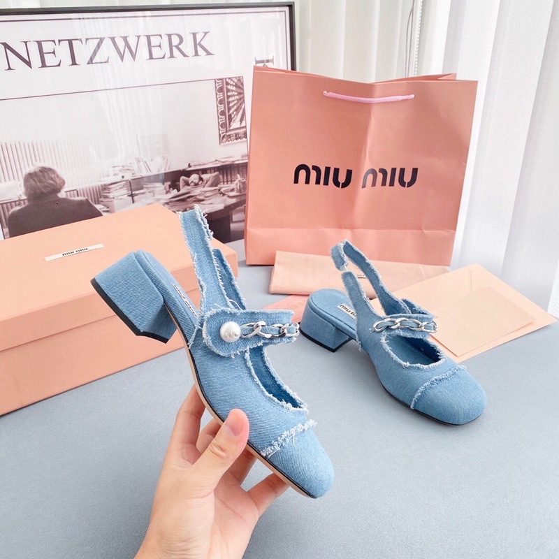 Giày nữ gót cao 4cm/7cm quai đính ngọc tr mẫu mới 2022 thương hiệu MiuMiu cao cấp