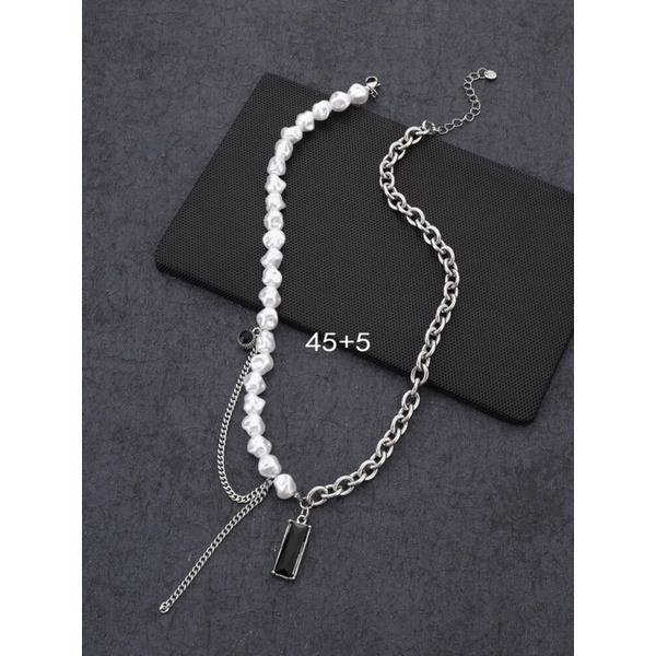 Dây Chuyền Xích Phối Hạt Ngọc Bằng Thép Titan Không Gỉ Mặt Hình Chữ Nhật Đá Đen - Vòng Cổ Unisex Phong Cách Quyến Rũ