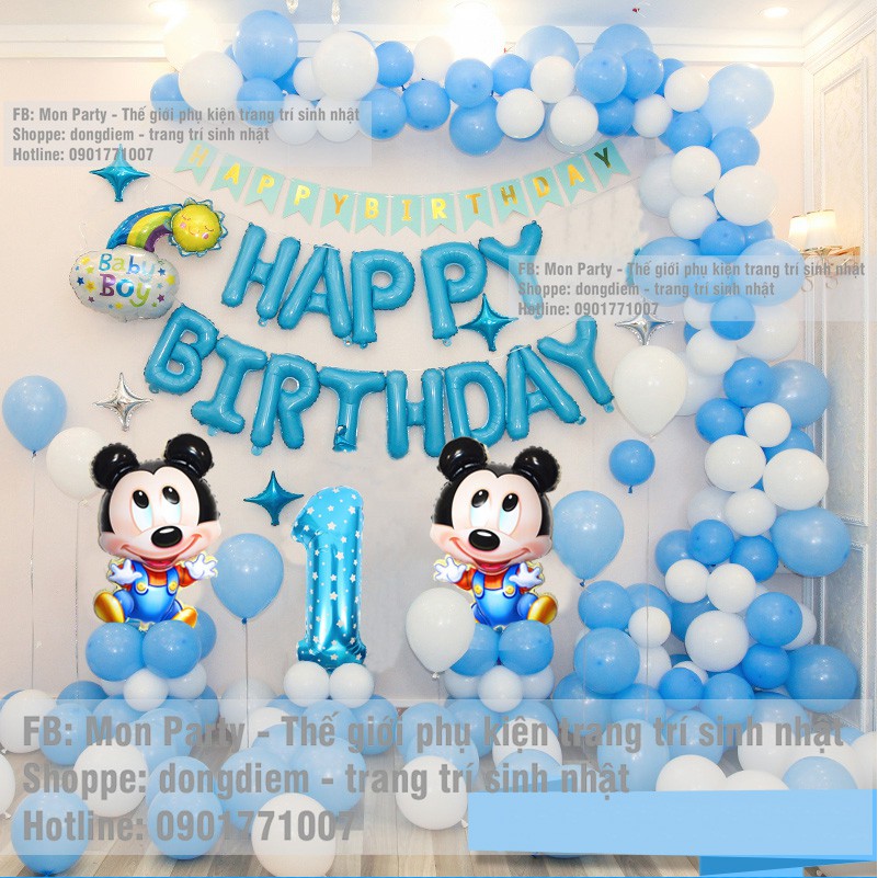 Set bóng sinh nhật cho bé tuổi chuột, set sinh nhật cho bé tuổi tí, chuột mickey tặng kèm và băng dính